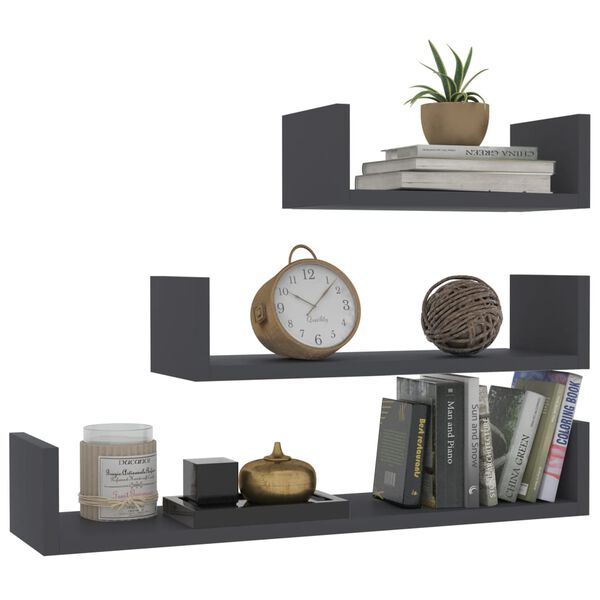 800200 vidaXL Wall Display Shelf 3 pcs Grey Chipboard