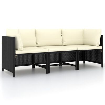 vidaXL Тримісний садовий диван з подушками Чорний Поліротанг