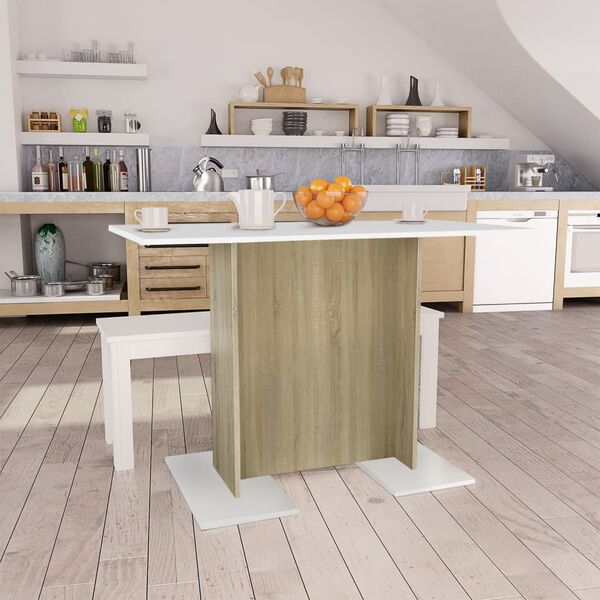 800248 vidaXL Dining Table White and Sonoma Oak 110x60x75 cm Chipboard