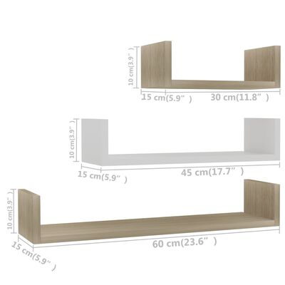 800203 vidaXL Wall Display Shelf 3 pcs White and Sonoma Oak Chipboard