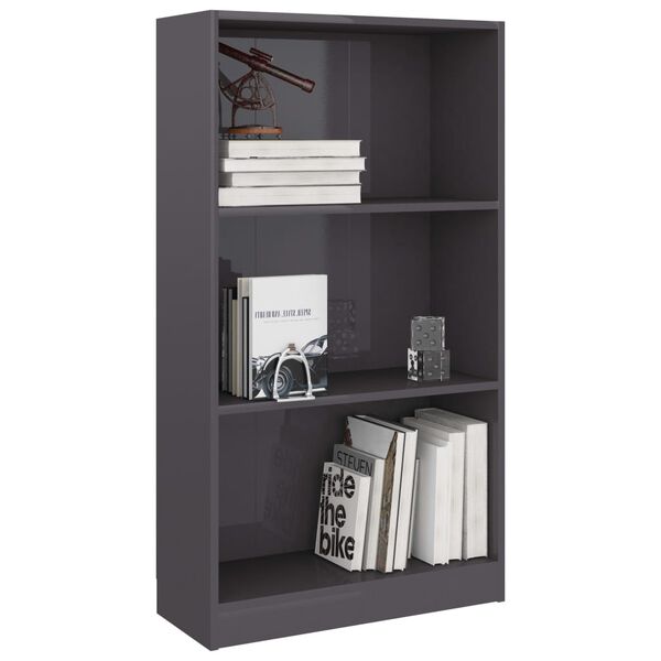 800872 vidaXL 3-Tier Book Cabinet High Gloss Grey 60x24x109 cm Engineered Wood