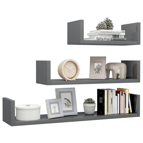 800206 vidaXL Wall Display Shelf 3 pcs High Gloss Grey Chipboard