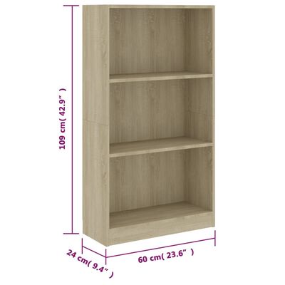 800867 vidaXL 3-Tier Book Cabinet Sonoma Oak 60x24x108 cm Chipboard