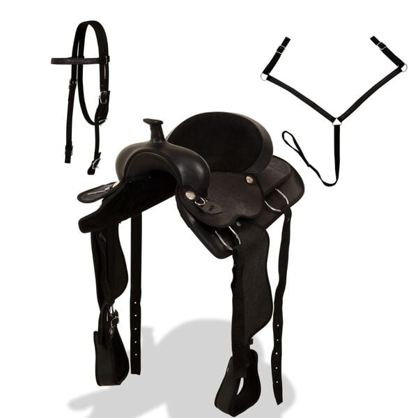 vidaXL Ковбойське Сідло, Наголовач і Нагрудник Чорний 17" Шкіра