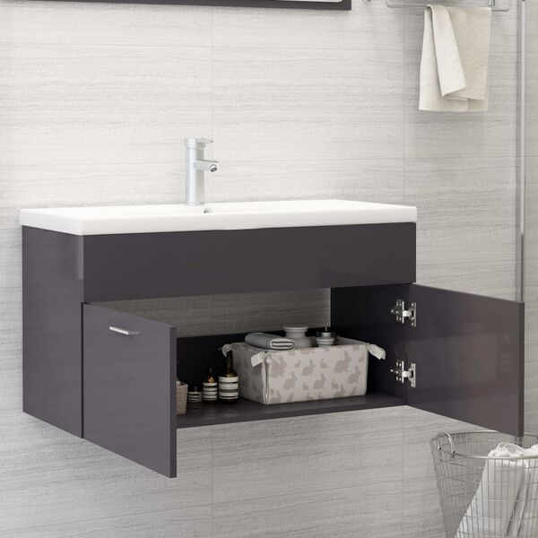 804673 vidaXL Sink Cabinet High Gloss Grey 90x38,5x46 cm Chipboard