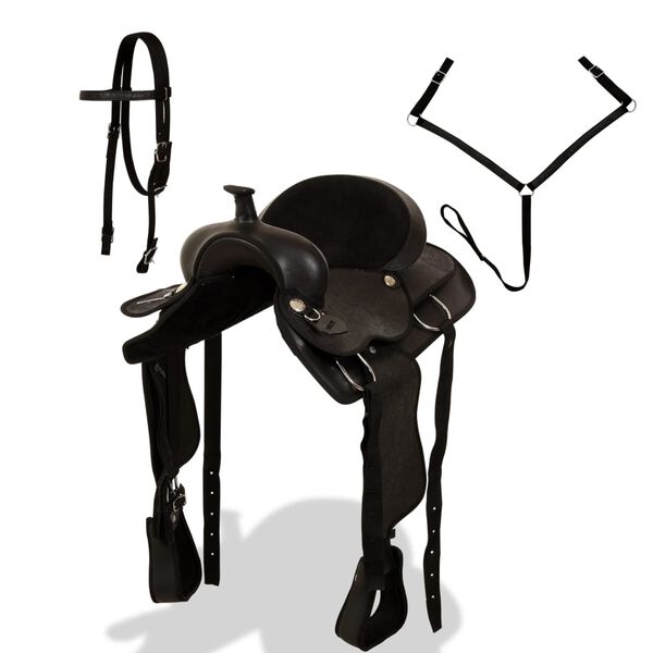 vidaXL Ковбойське Сідло, Наголовач і Нагрудник Чорний 16" Шкіра