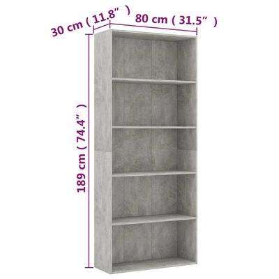 vidaXL 5-Рівнева книжкова шафа Сірий бетон 80x30x189 см ДСП