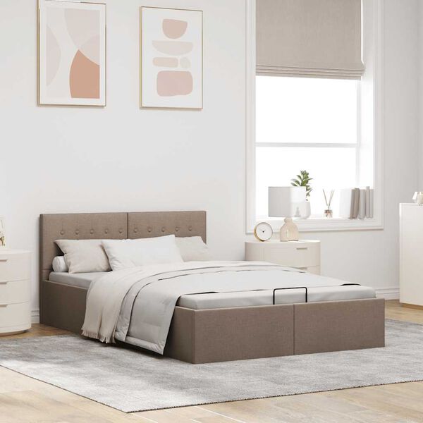 285597 vidaXL Hydraulic Storage Bed Frame Taupe Fabric 140x200 cm
