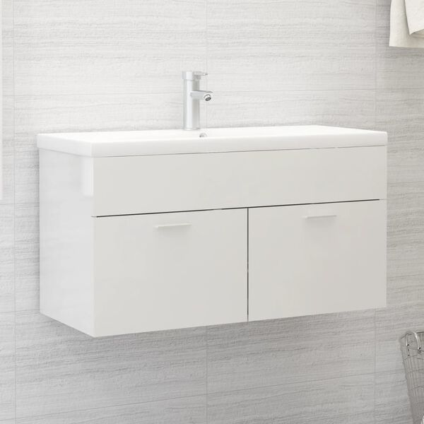 804671 vidaXL Sink Cabinet High Gloss White 90x38,5x46 cm Chipboard