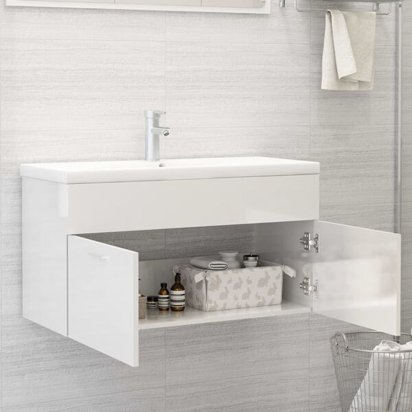 804671 vidaXL Sink Cabinet High Gloss White 90x38,5x46 cm Chipboard