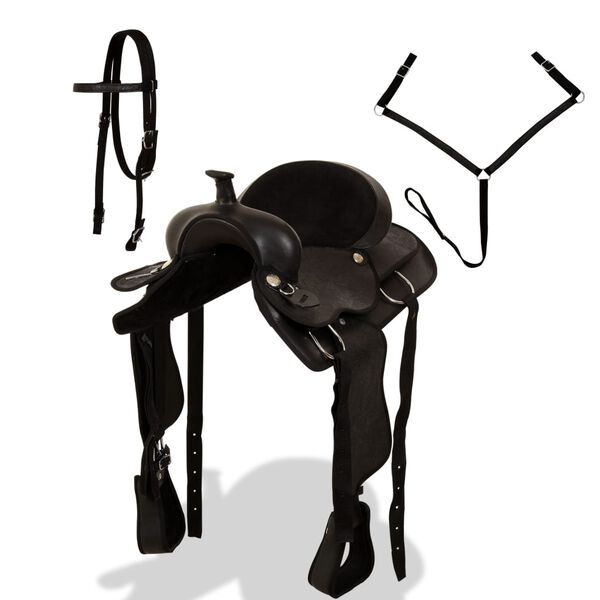 vidaXL Ковбойське Сідло, Наголовач і Нагрудник Чорний 15" Шкіра