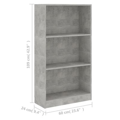 800868 vidaXL 3-Tier Book Cabinet Concrete Grey 60x24x108 cm Chipboard