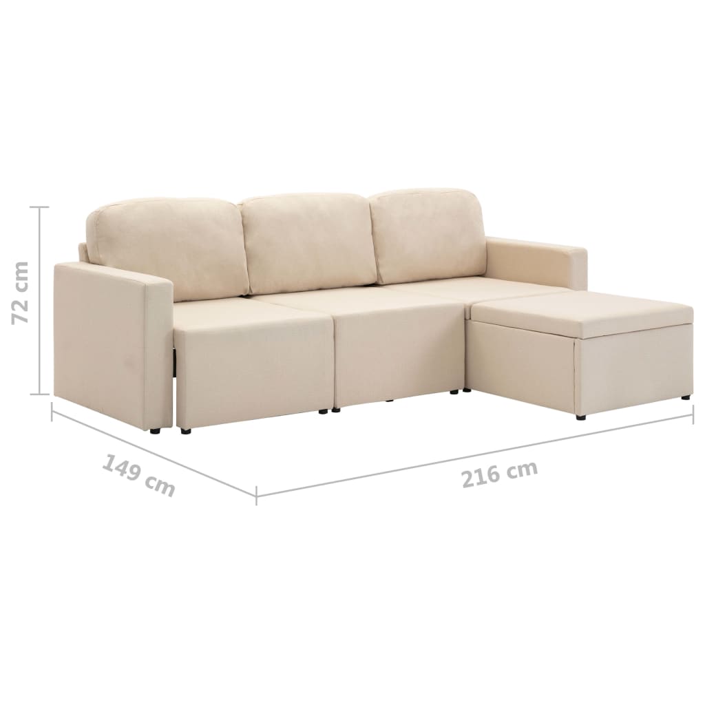 vidaXL 3-місний модульний диван-ліжко Кремовий Тканина
