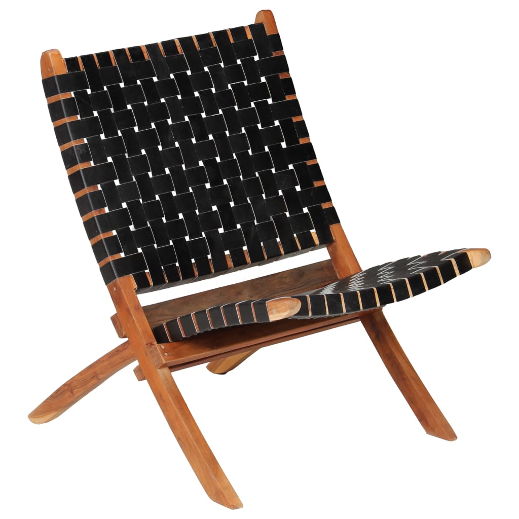 vidaXL Розкладний стілець Перехрещені смужки Чорний Натуральна шкіра