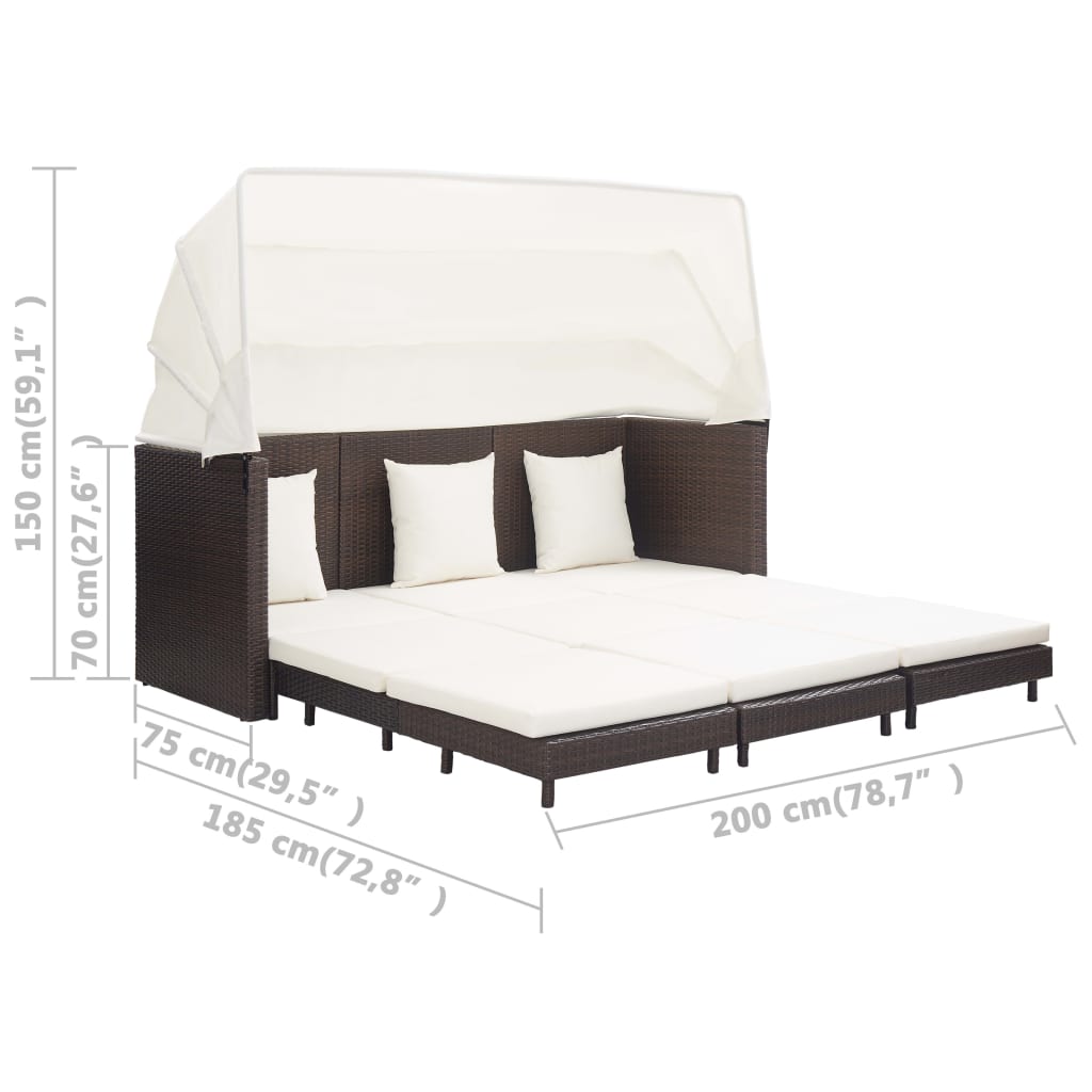 vidaXL Розкладний диван-ліжко 3-місний з навісом Коричневий Поліротанг