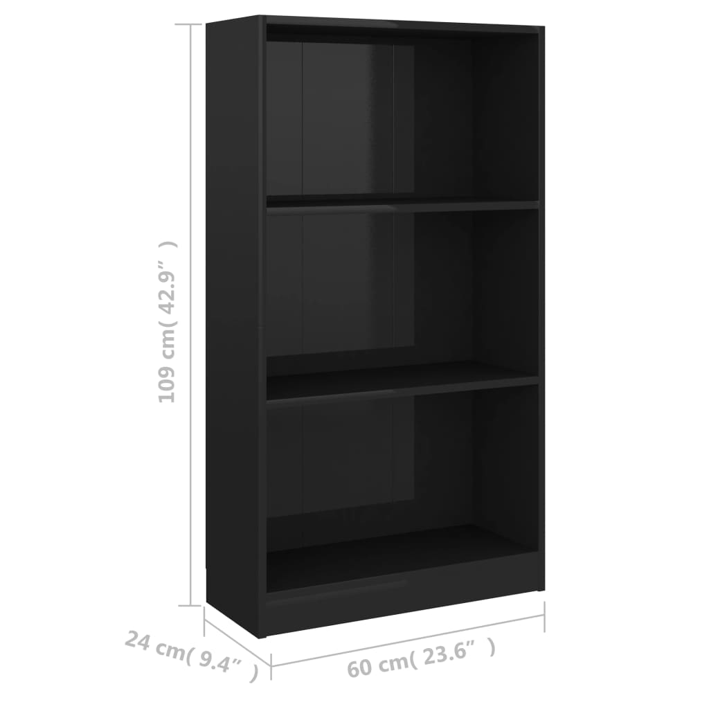 vidaXL 3-рівнева книжкова шафа Глянцевий чорний 60x24x108 см ДСП