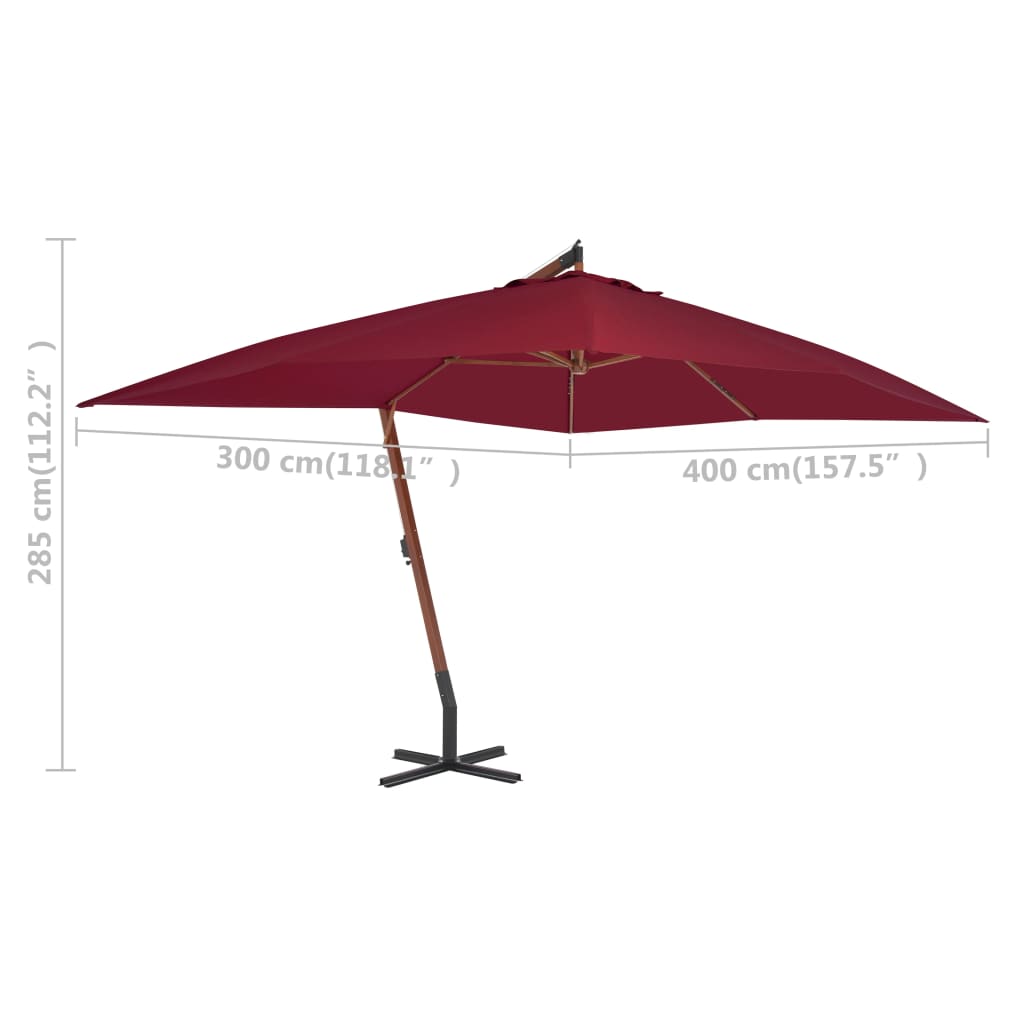 vidaXL Консольна парасоля з дерев'яною жердиною Бордовий 400x300 см