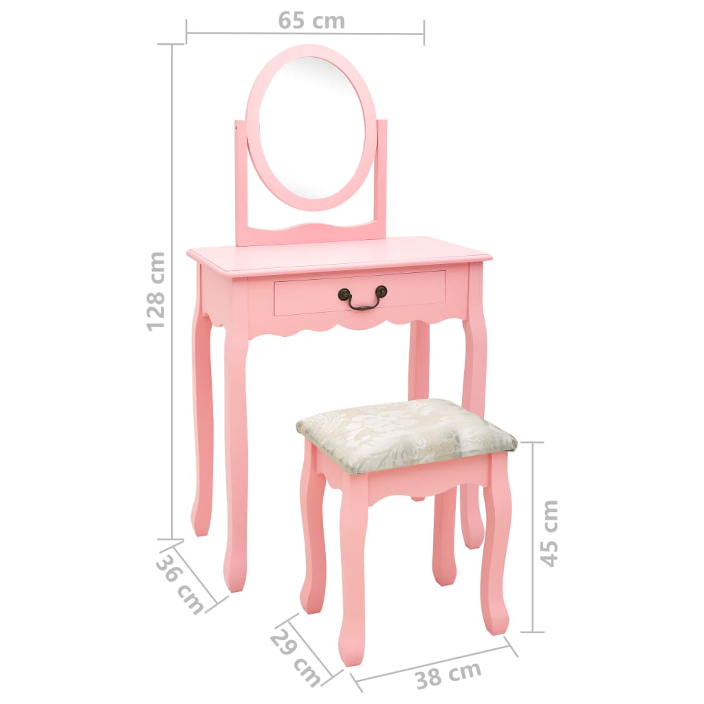 vidaXL Туалетний столик з табуретом Рожевий 65x36x128 см Павловнія/МДФ