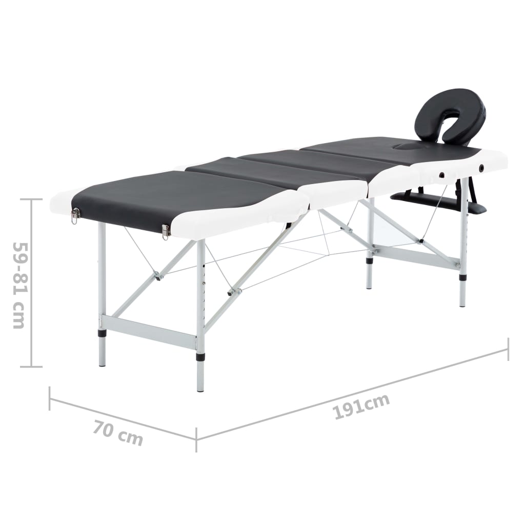 vidaXL Розкладний масажний стіл 4-х зонний Чорний/білий Алюміній