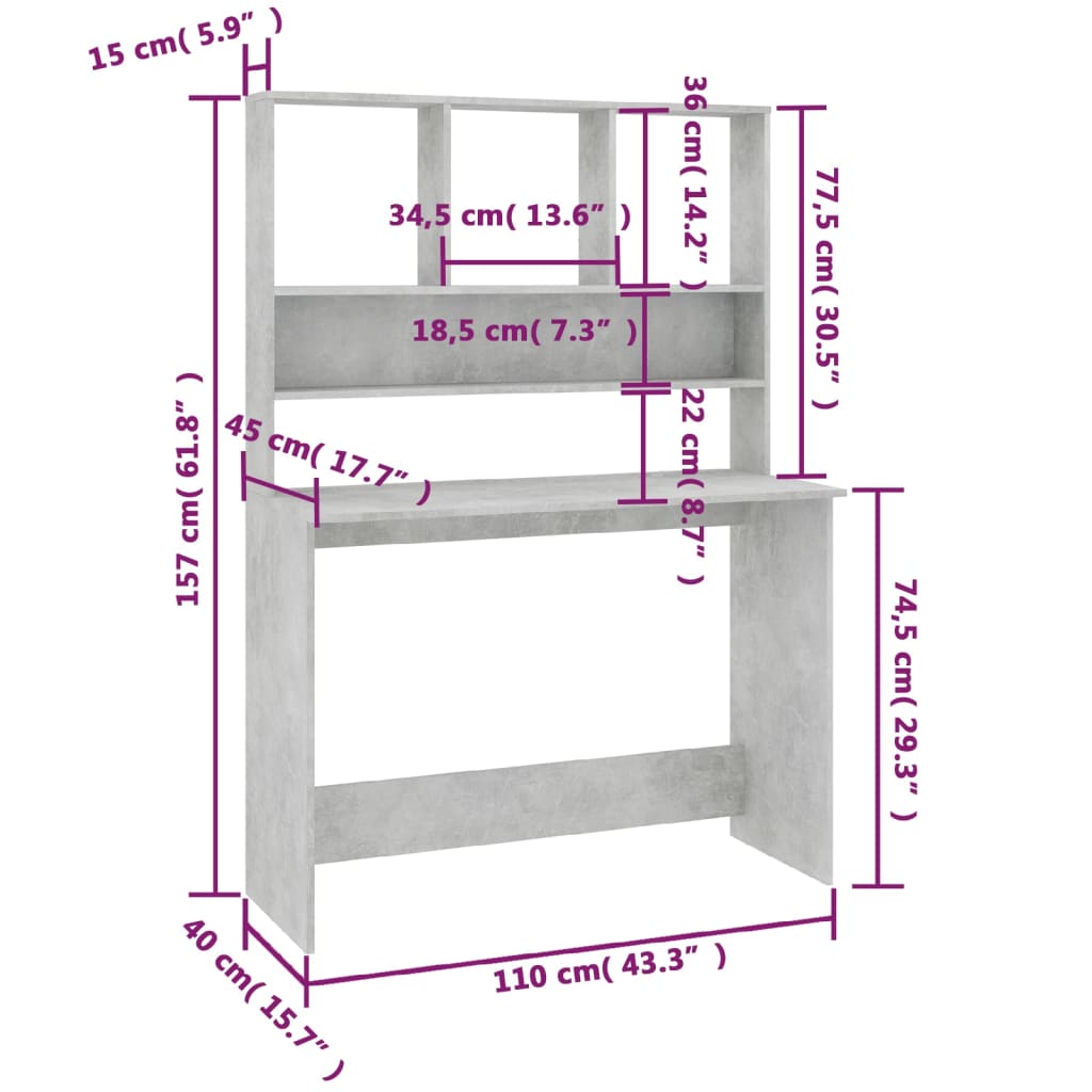 vidaXL Письмовий стіл з полицями Сірий бетон 110x45x157 см ДСП