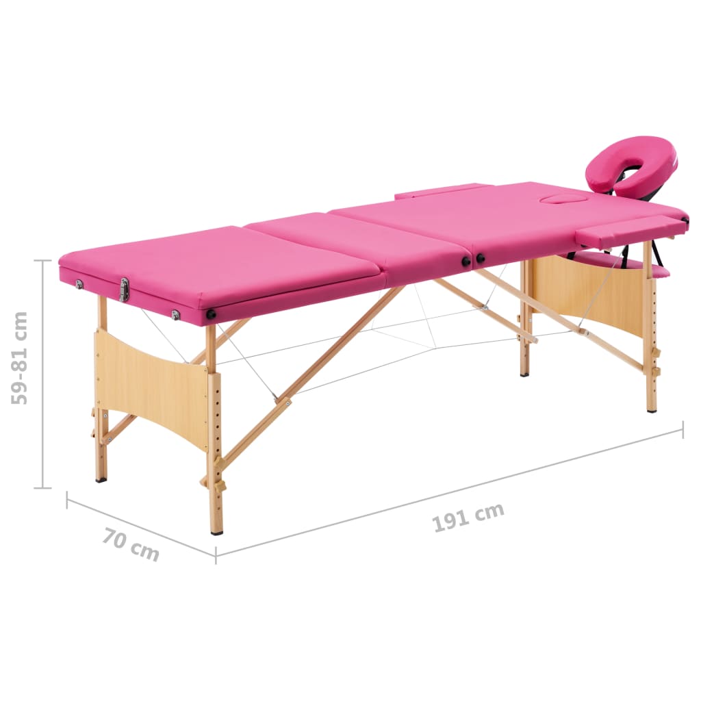 vidaXL Розкладний масажний стіл 3-х зонний Рожевий Дерево