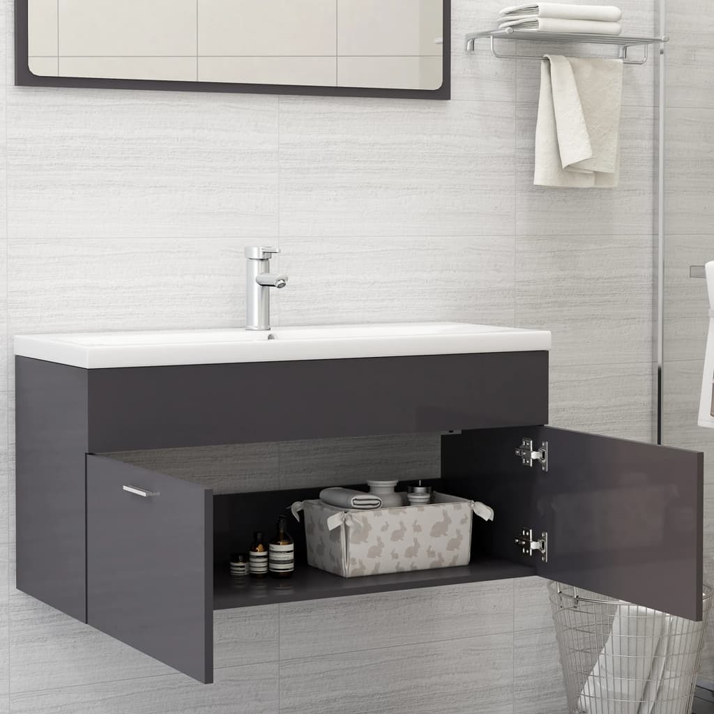 804682 vidaXL Sink Cabinet High Gloss Grey 100x38,5x46 cm Chipboard