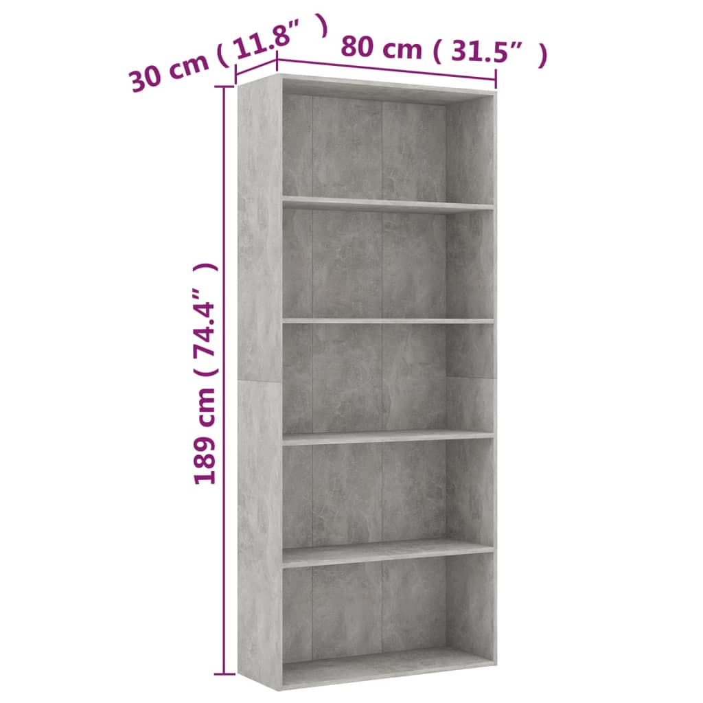 vidaXL 5-Рівнева книжкова шафа Сірий бетон 80x30x189 см ДСП