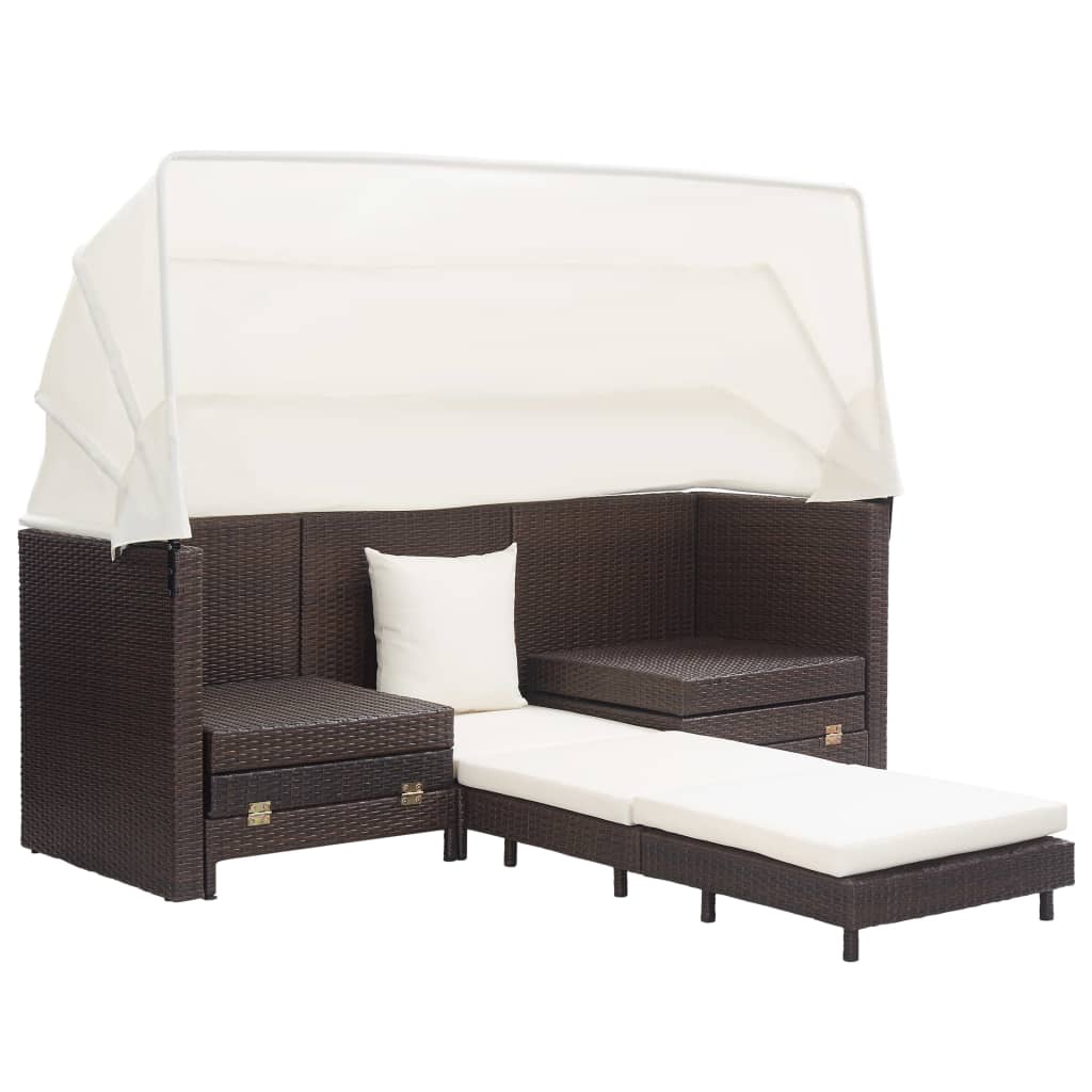 vidaXL Розкладний диван-ліжко 3-місний з навісом Коричневий Поліротанг