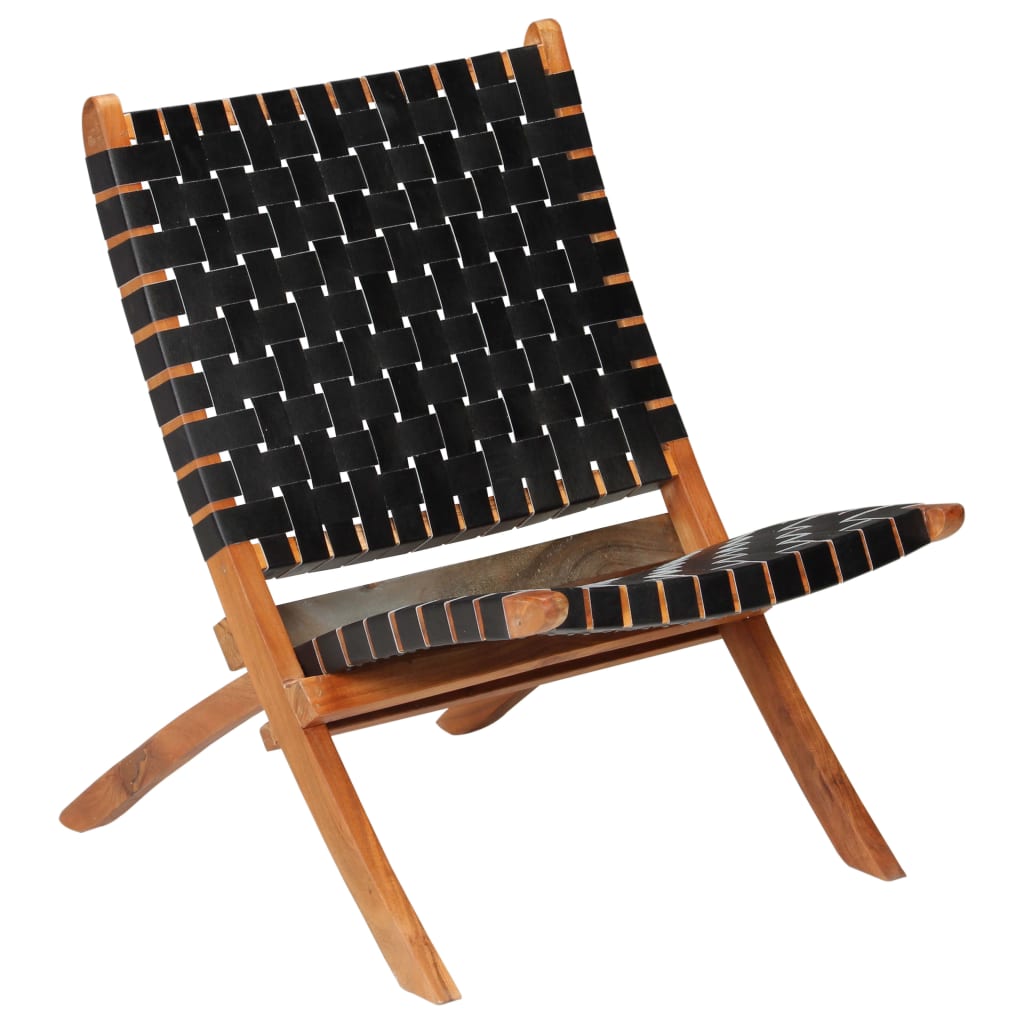 vidaXL Розкладний стілець Перехрещені смужки Чорний Натуральна шкіра