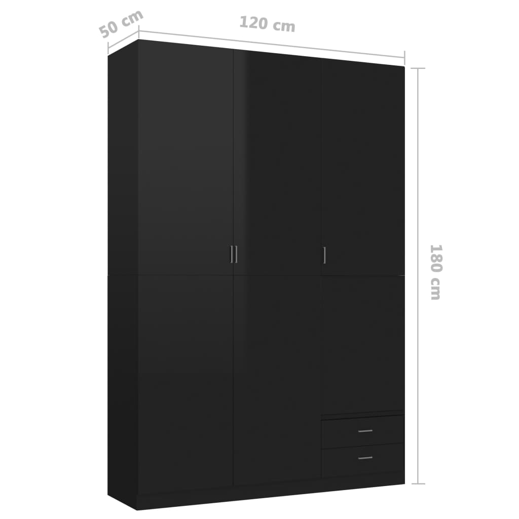 800799 vidaXL 3-Door Wardrobe High Gloss Black 120x50x180 cm Chipboard