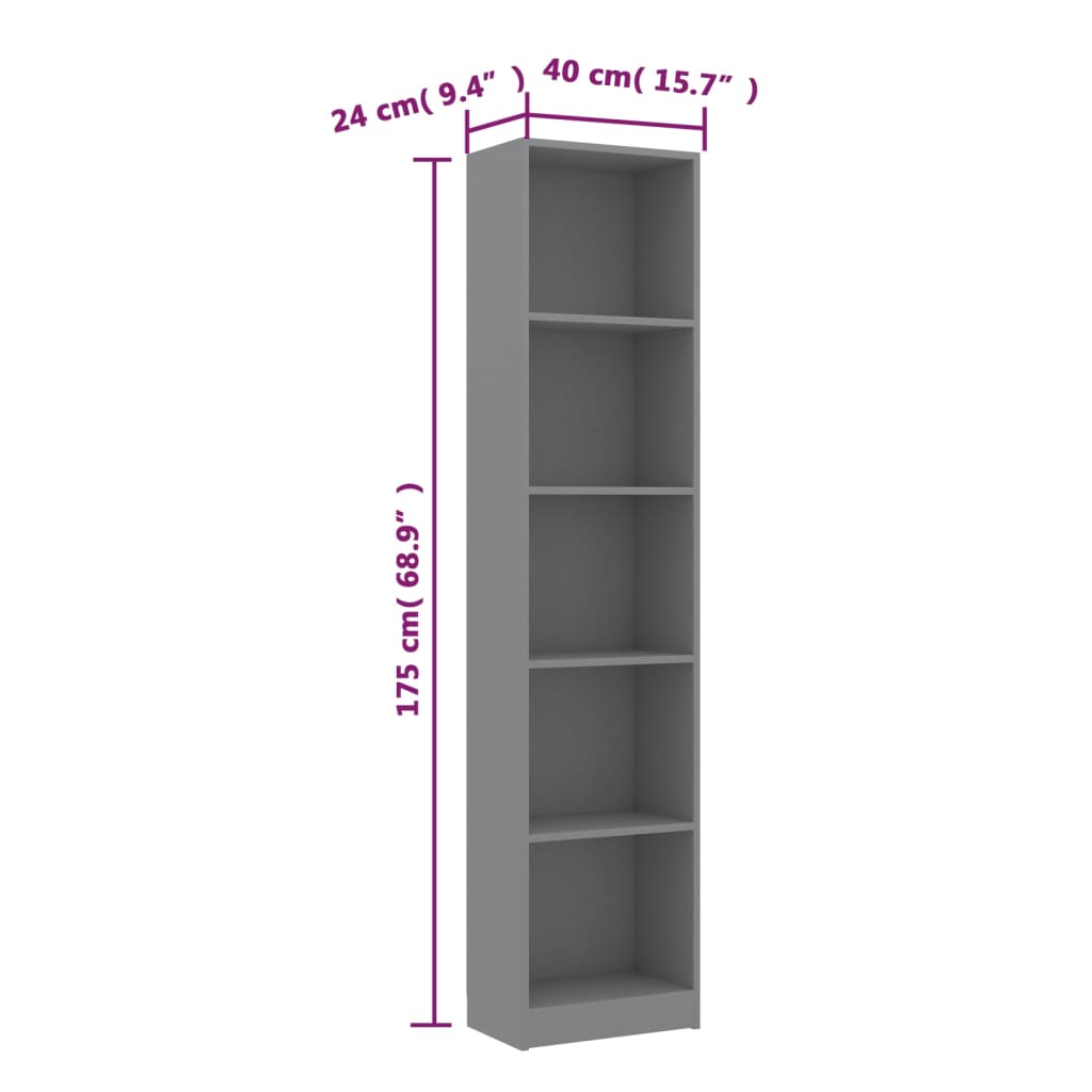 800848 vidaXL 5-Tier Book Cabinet Grey 40x24x175 cm Chipboard